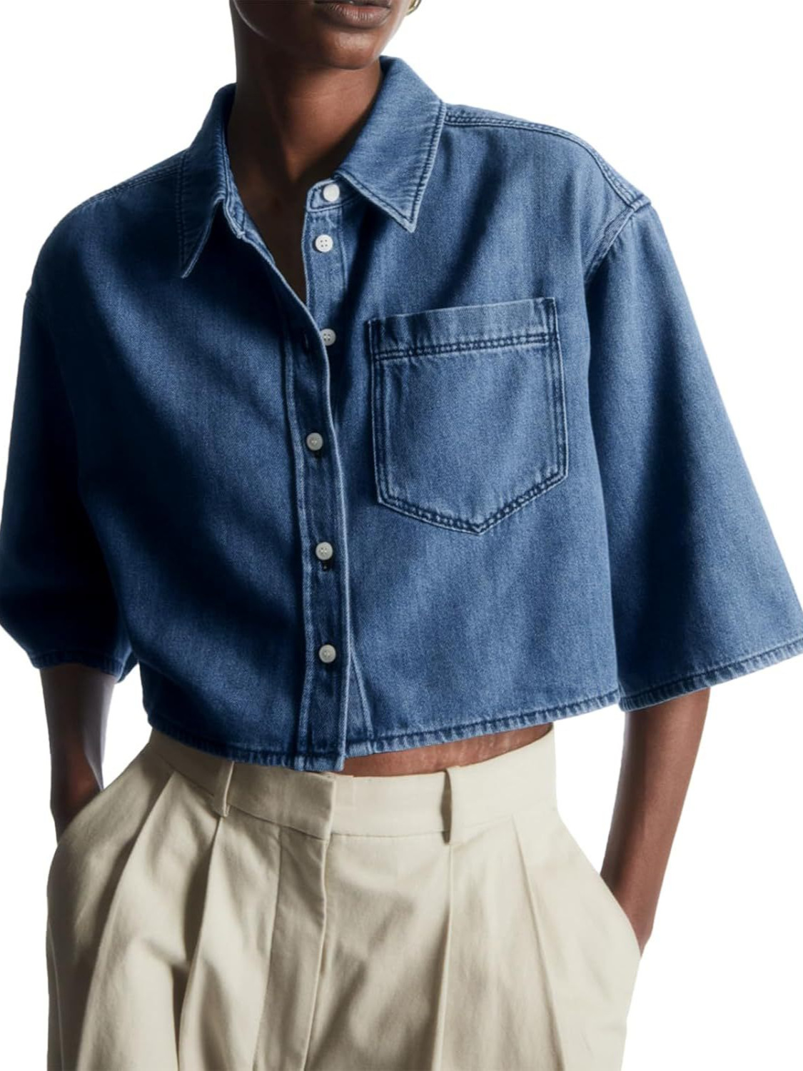 Women's Cropped Oversized Short Sleeve Denim Shirt