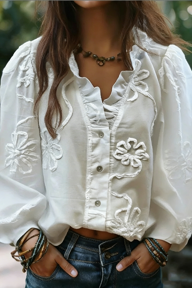🔥🔥🔥🔥Embroidered Flower Ruffle Neck Puff Sleeve Top(BUY 2 FREE SHIPPING)