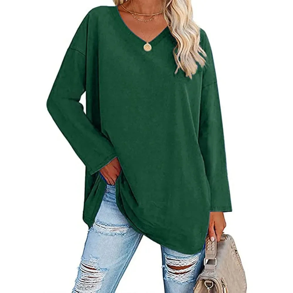 WOMENS LOOSE FASHION V-NECK TOP SHORT & LONG OPTION
