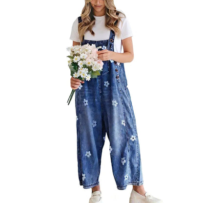 Women Floral Printed Adjustable Strap Denim Bib Overall Wide Leg Jeans Casual Baggy Overalls Jumpsuit