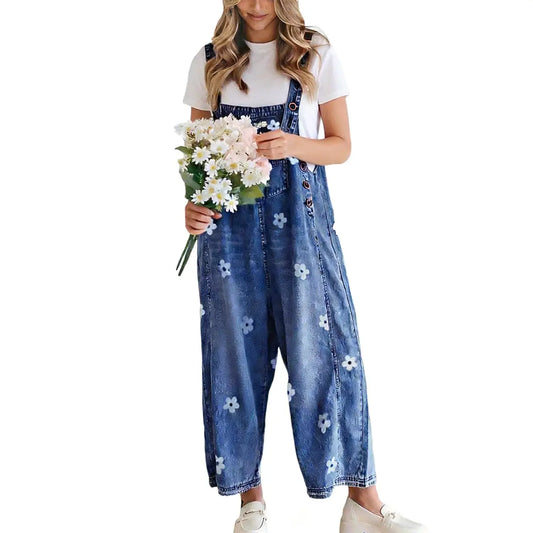 Women Floral Printed Adjustable Strap Denim Bib Overall Wide Leg Jeans Casual Baggy Overalls Jumpsuit