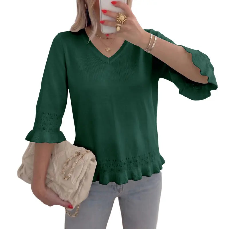 Feminine V-Neck Knit Blouse, Lightweight Ruffle 3/4 Sleeve Casual Top