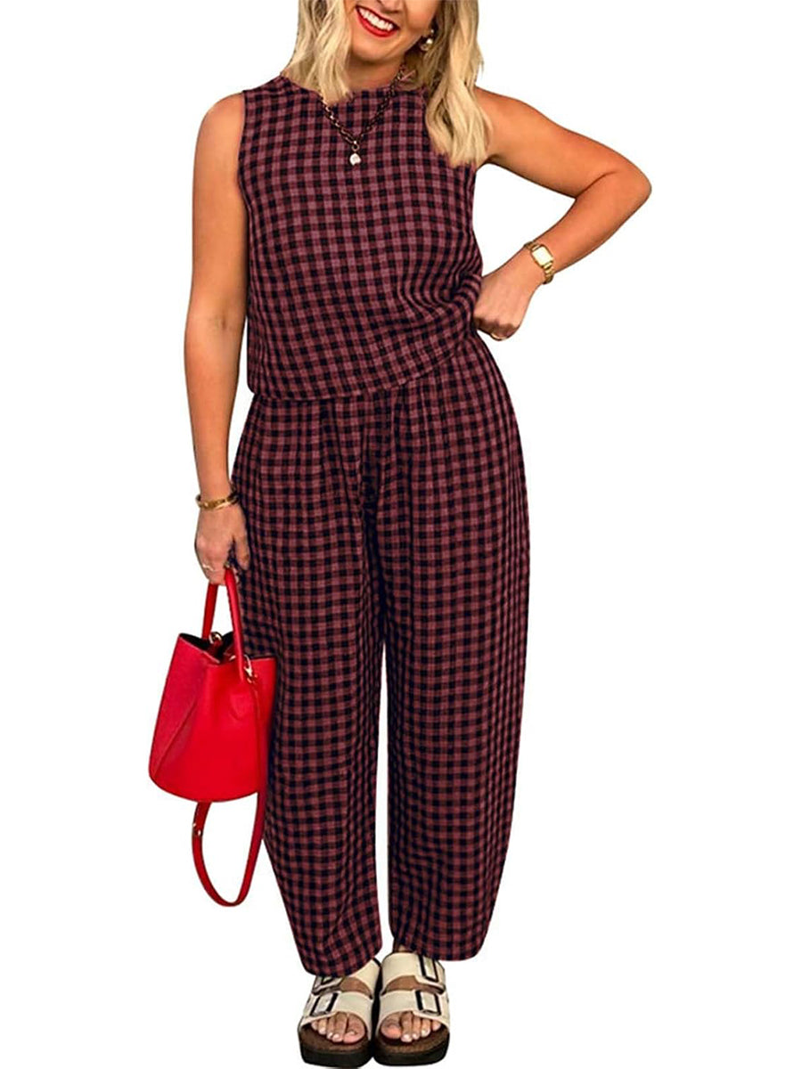 HOT SALE Women's Gingham Sleeveless Tank Top & Barrel Pants Set