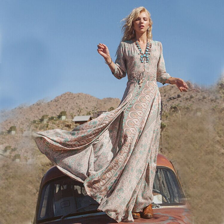 V-Neck Printed Loose Dress
