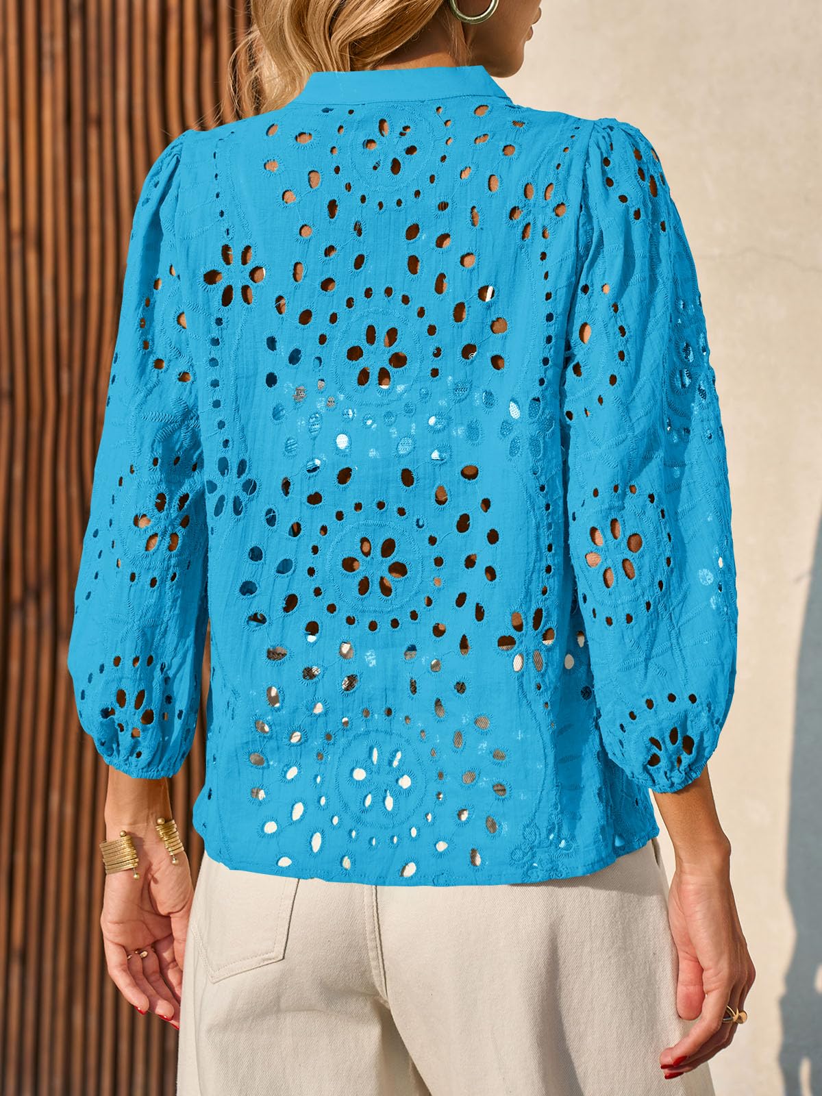 Womens Summer Deep V Neck Eyelet Blouses Casual 3/4 Balloon Sleeve Button Down Shirts