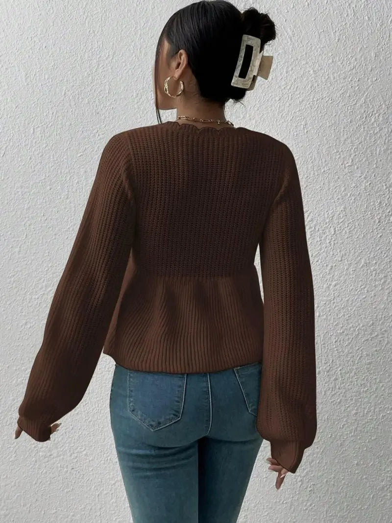 Women's Deep V-Neck Drawstring Tie Front Knit Crop Top, Scallop Trim Bishop Long Sleeve Peplum Sweater