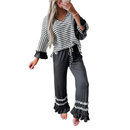 Women's color-blocked three-quarter sleeve striped V-neck ruffle two-piece pantsuit