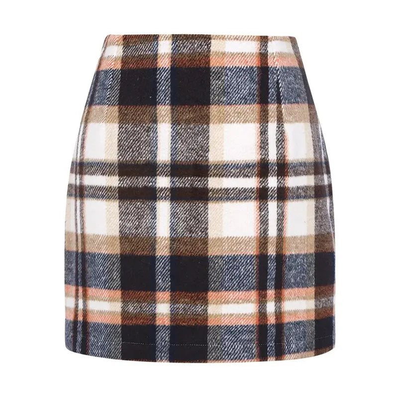 Women's High-Waist Plaid Fitted Mini Skirt, Woolen Bodycon Skirt