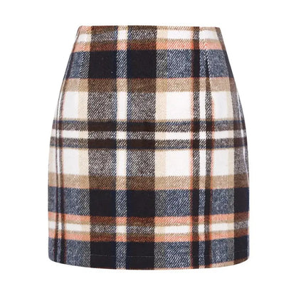 Women's High-Waist Plaid Fitted Mini Skirt, Woolen Bodycon Skirt
