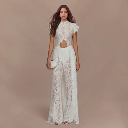 LikeMyChoice Boho Short-Sleeve Shirt & Wide-Leg Pants Luxury Resort Wear 2-Piece Outfit Satin Fabric Women's Lounge Set for Vacation Vibe Clothes Suits