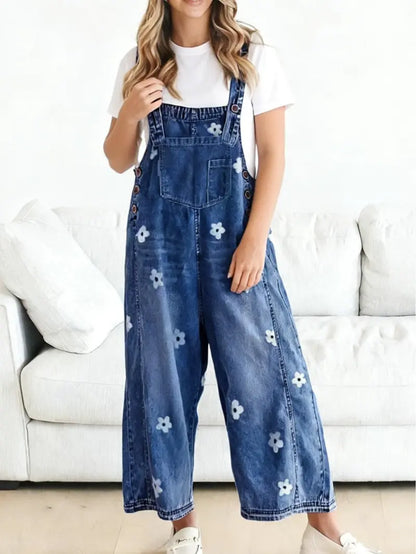 Women Floral Printed Adjustable Strap Denim Bib Overall Wide Leg Jeans Casual Baggy Overalls Jumpsuit