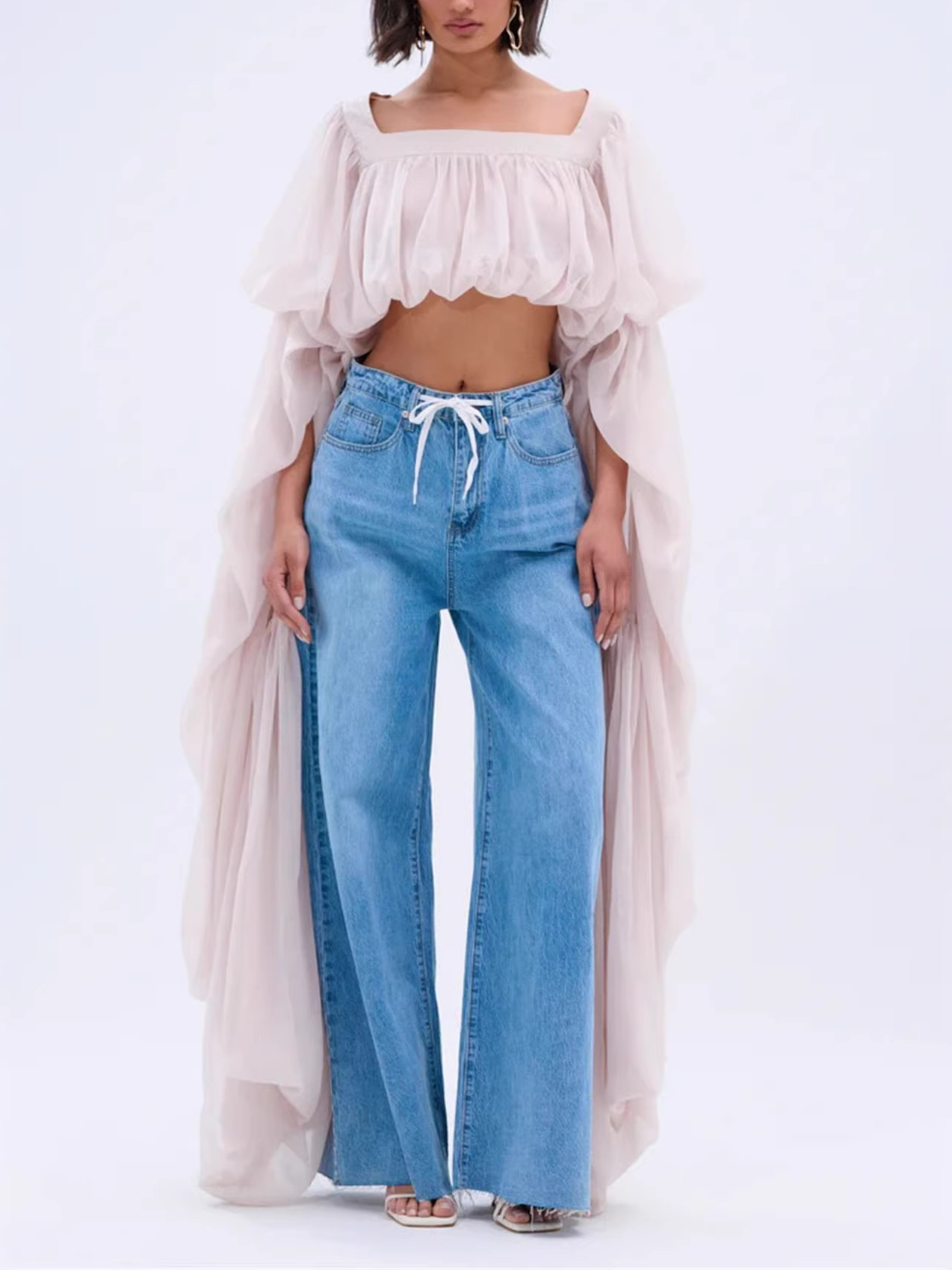 SLOUCHY SQUARE NECK LONG SLEEVE BLOUSE TOP