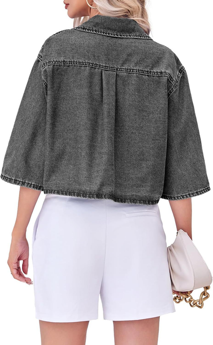 Women's Cropped Oversized Short Sleeve Denim Shirt