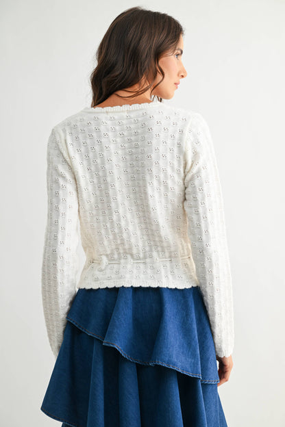 Women's Hollow Out Crochet Cardigan, V Neck Tie Front Long Sleeve Knit Crop Top