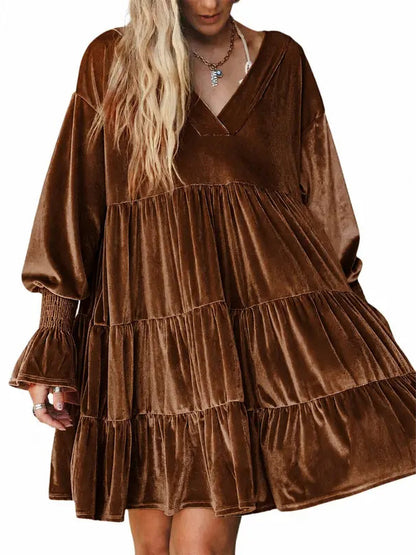 Women's V-neck elegant velvet loose babydoll dress