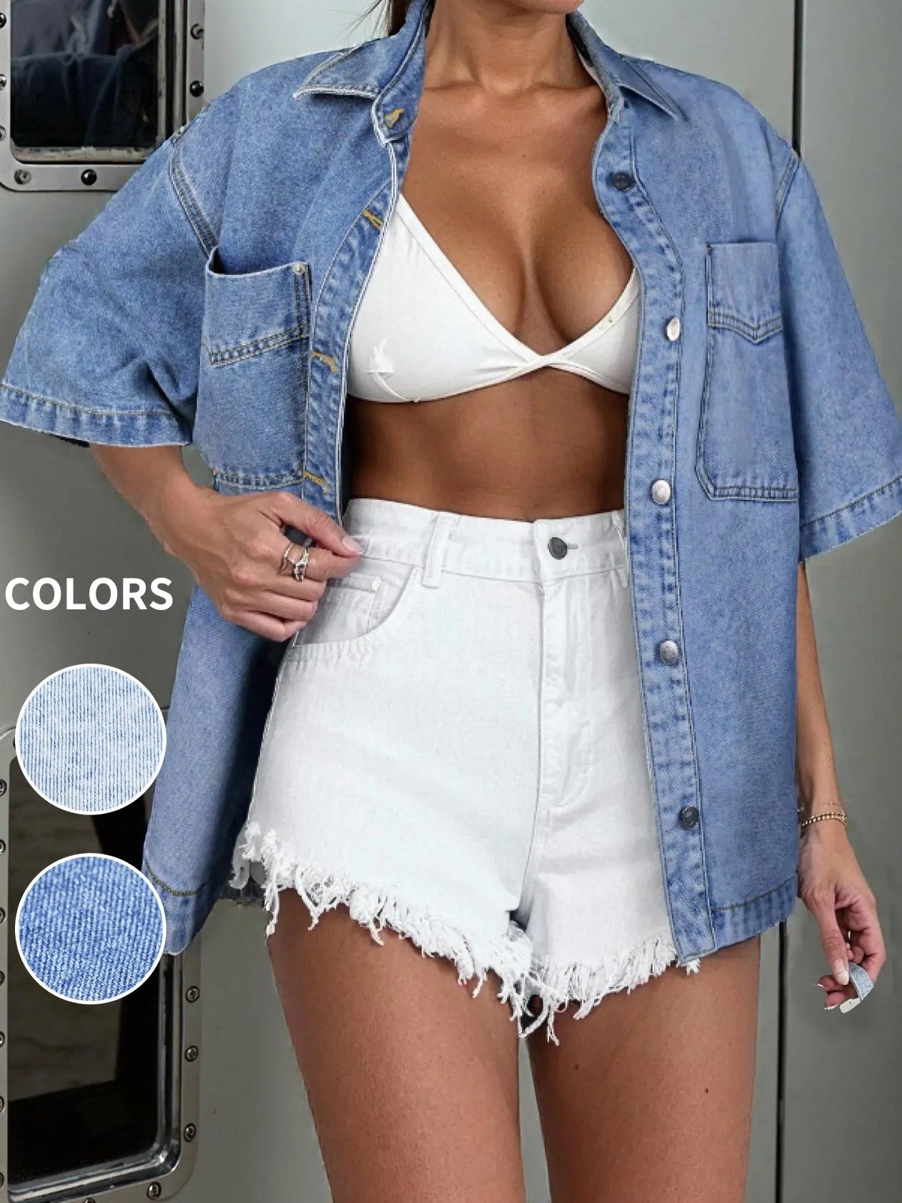 Women's Denim Coats, Jacket, Casual Short Sleeve Shirt Top for Summer