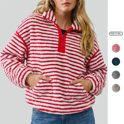 Women's Striped Fleece Pullover, Zip Stand Collar Fuzzy Sweatshirt