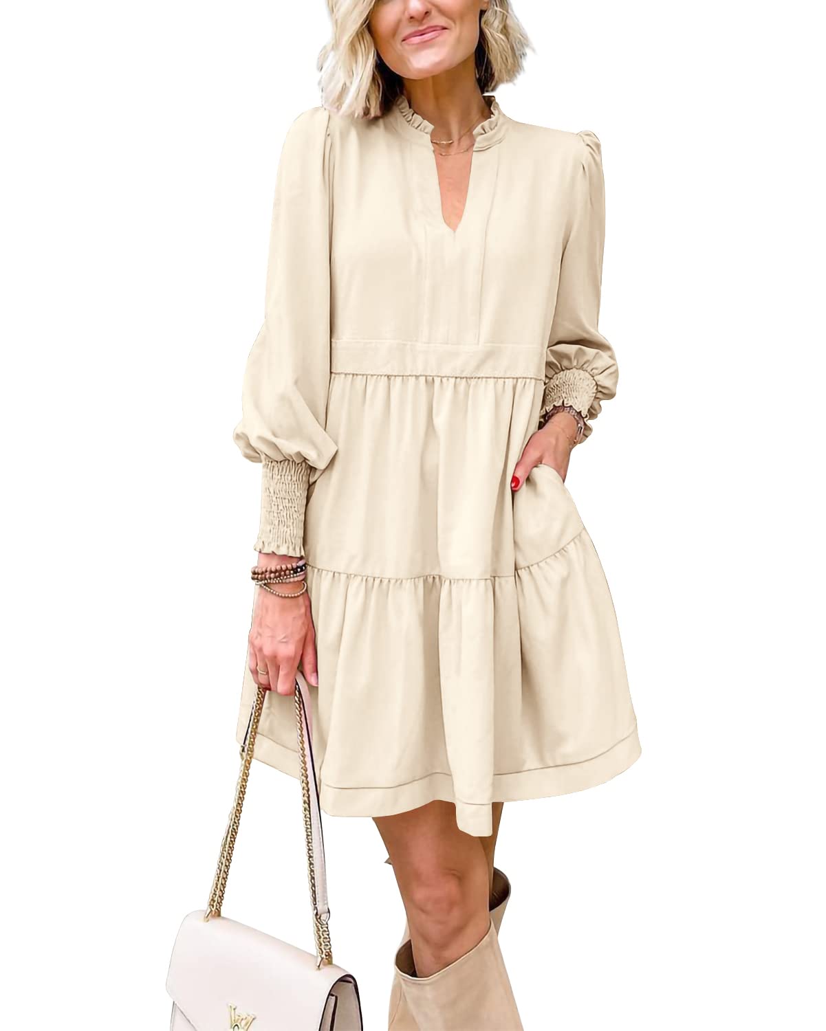 Women's  Casual V Neck Fall Long Sleeve Loose Ruffle Tiered Dress(BUY 2 FREE SHIPPING)