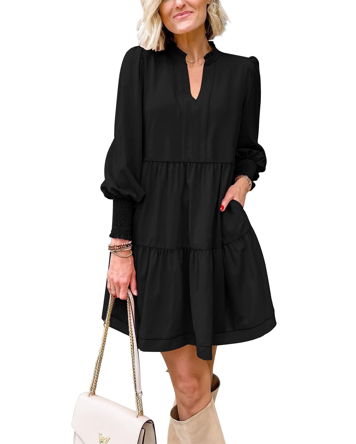 Women's  Casual V Neck Fall Long Sleeve Loose Ruffle Tiered Dress(BUY 2 FREE SHIPPING)