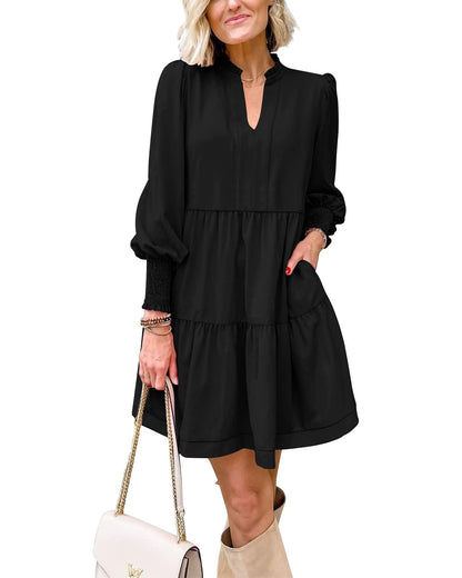 Women's  Casual V Neck Fall Long Sleeve Loose Ruffle Tiered Dress(BUY 2 FREE SHIPPING)