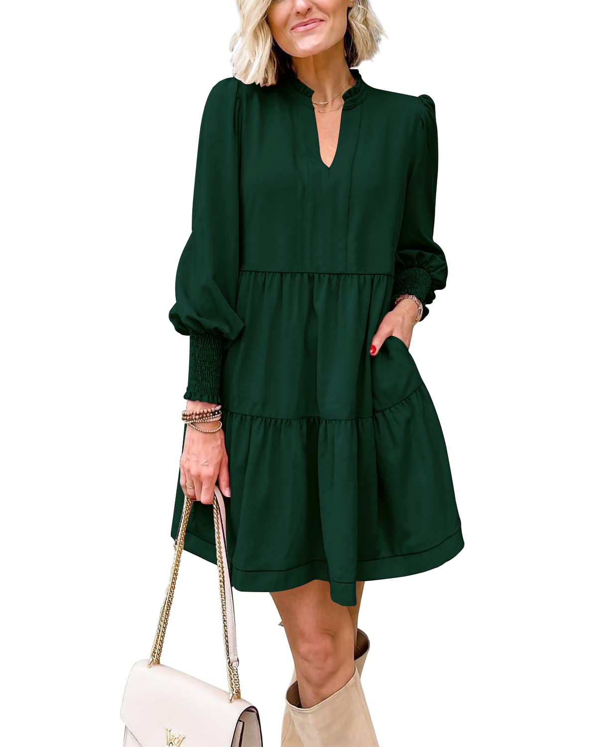 Women's  Casual V Neck Fall Long Sleeve Loose Ruffle Tiered Dress(BUY 2 FREE SHIPPING)