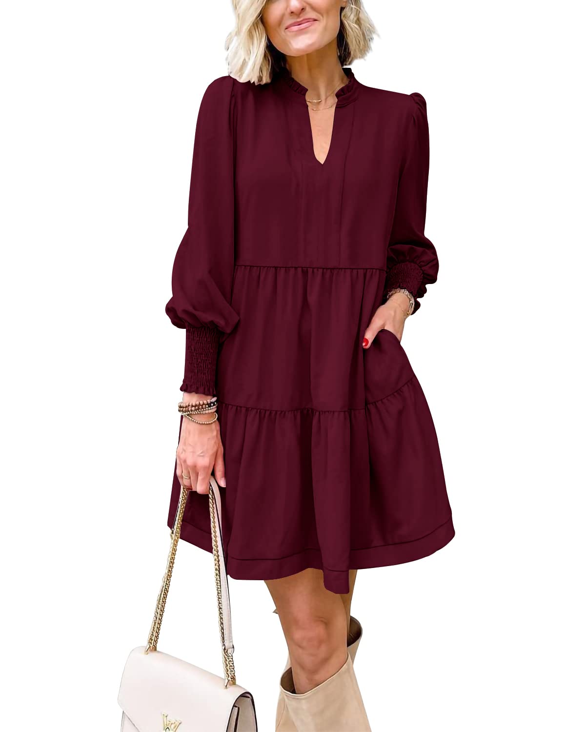 Women's  Casual V Neck Fall Long Sleeve Loose Ruffle Tiered Dress(BUY 2 FREE SHIPPING)