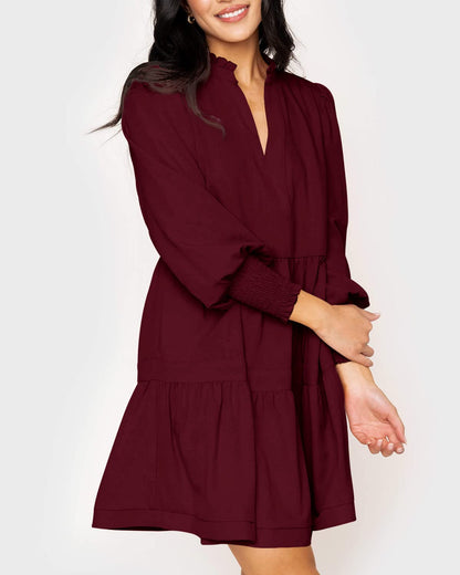 Women's  Casual V Neck Fall Long Sleeve Loose Ruffle Tiered Dress(BUY 2 FREE SHIPPING)