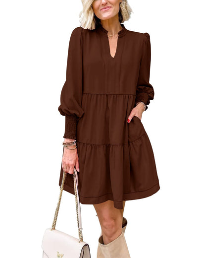 Women's  Casual V Neck Fall Long Sleeve Loose Ruffle Tiered Dress(BUY 2 FREE SHIPPING)