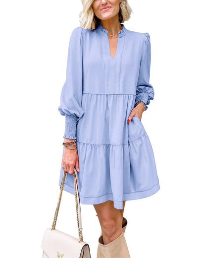 Women's  Casual V Neck Fall Long Sleeve Loose Ruffle Tiered Dress(BUY 2 FREE SHIPPING)