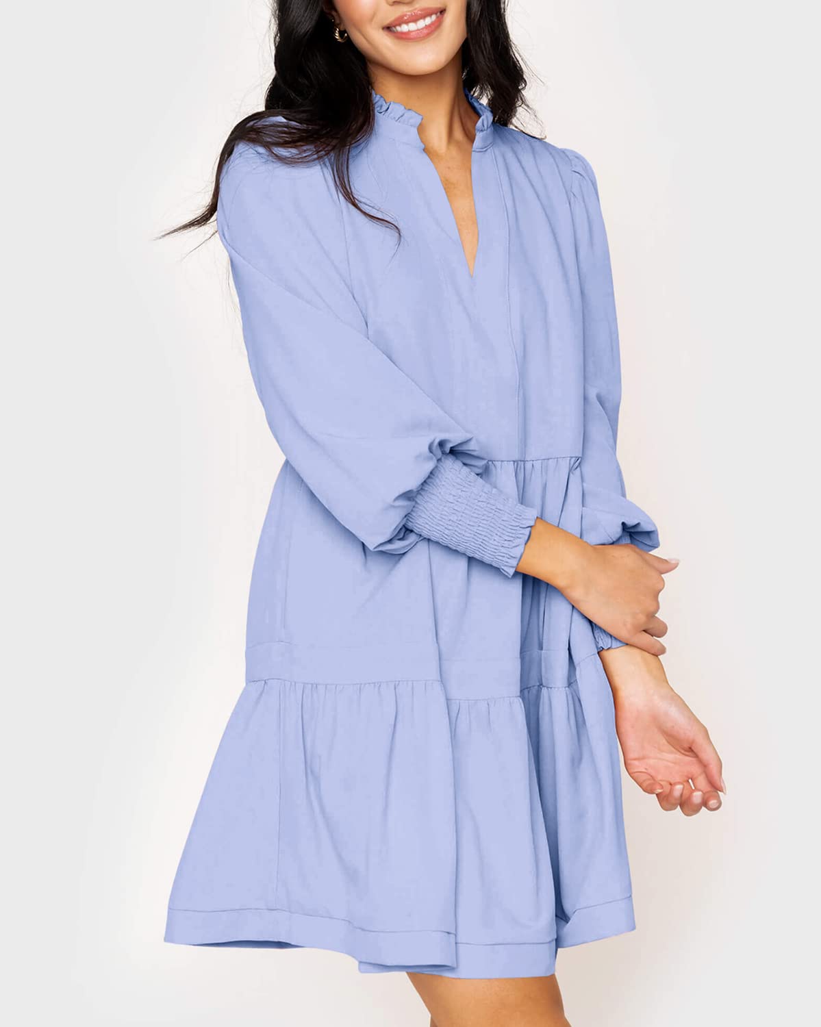 Women's  Casual V Neck Fall Long Sleeve Loose Ruffle Tiered Dress(BUY 2 FREE SHIPPING)