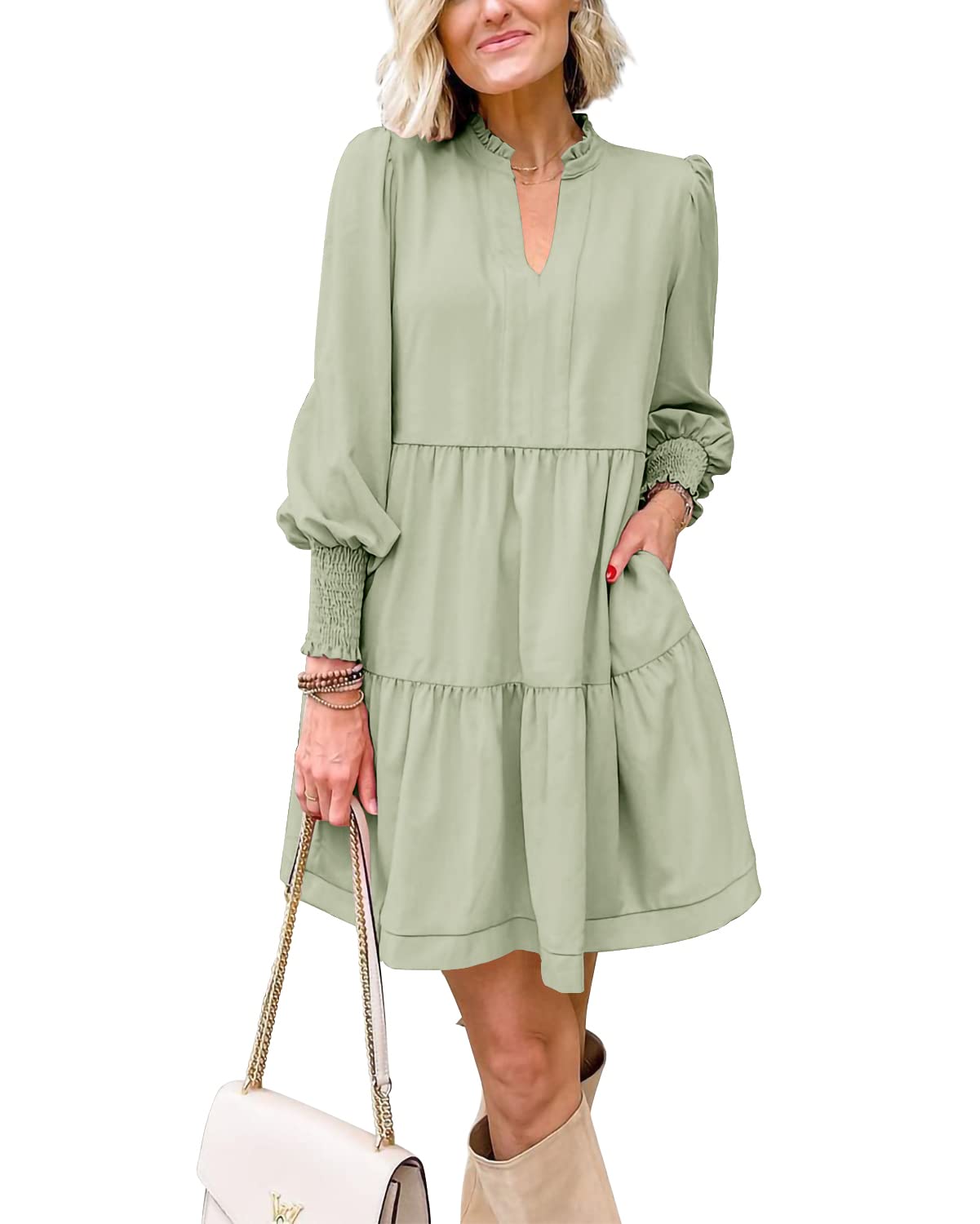 Women's  Casual V Neck Fall Long Sleeve Loose Ruffle Tiered Dress(BUY 2 FREE SHIPPING)