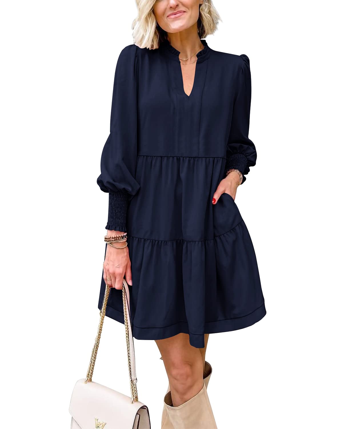 Women's  Casual V Neck Fall Long Sleeve Loose Ruffle Tiered Dress(BUY 2 FREE SHIPPING)