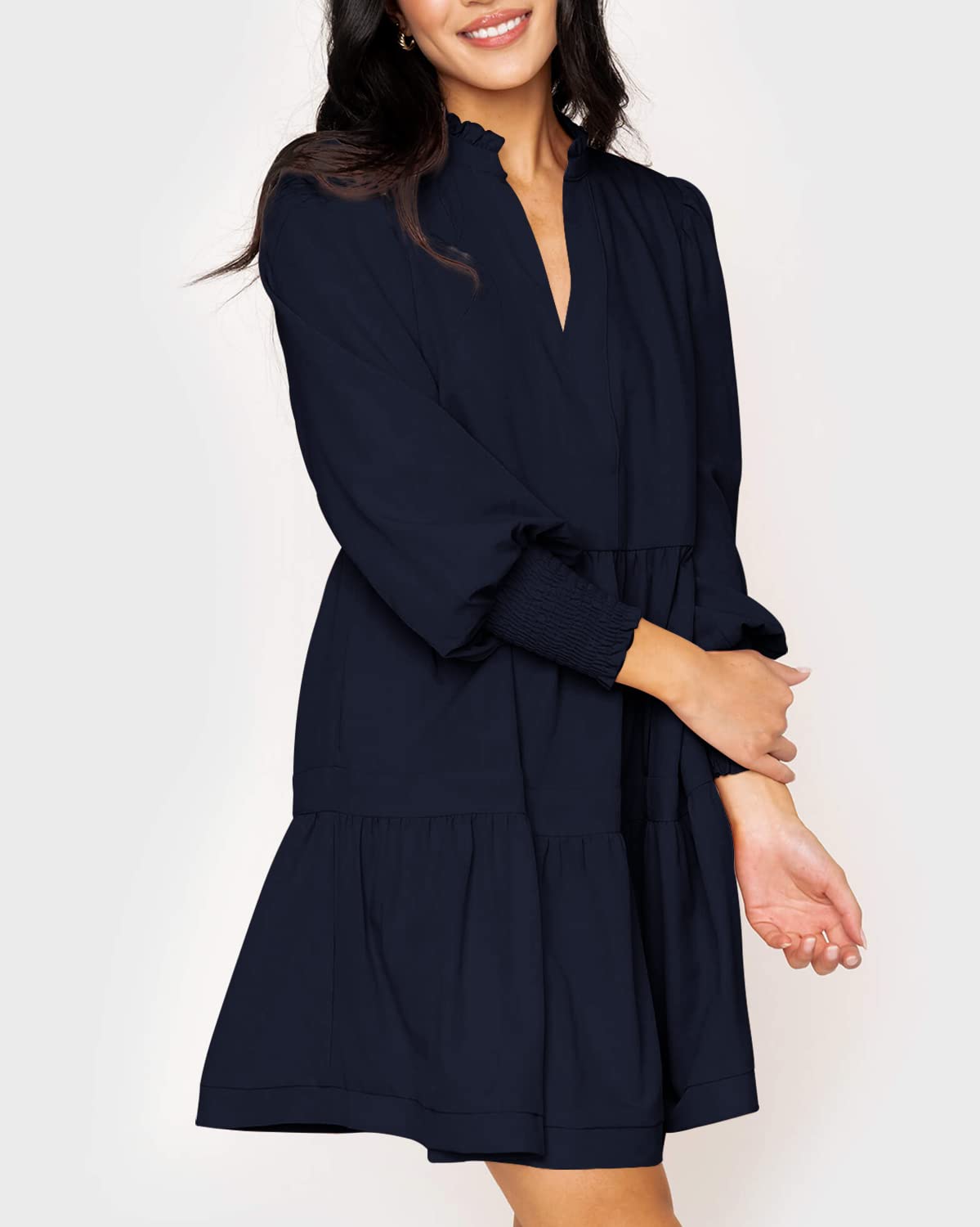 Women's  Casual V Neck Fall Long Sleeve Loose Ruffle Tiered Dress(BUY 2 FREE SHIPPING)