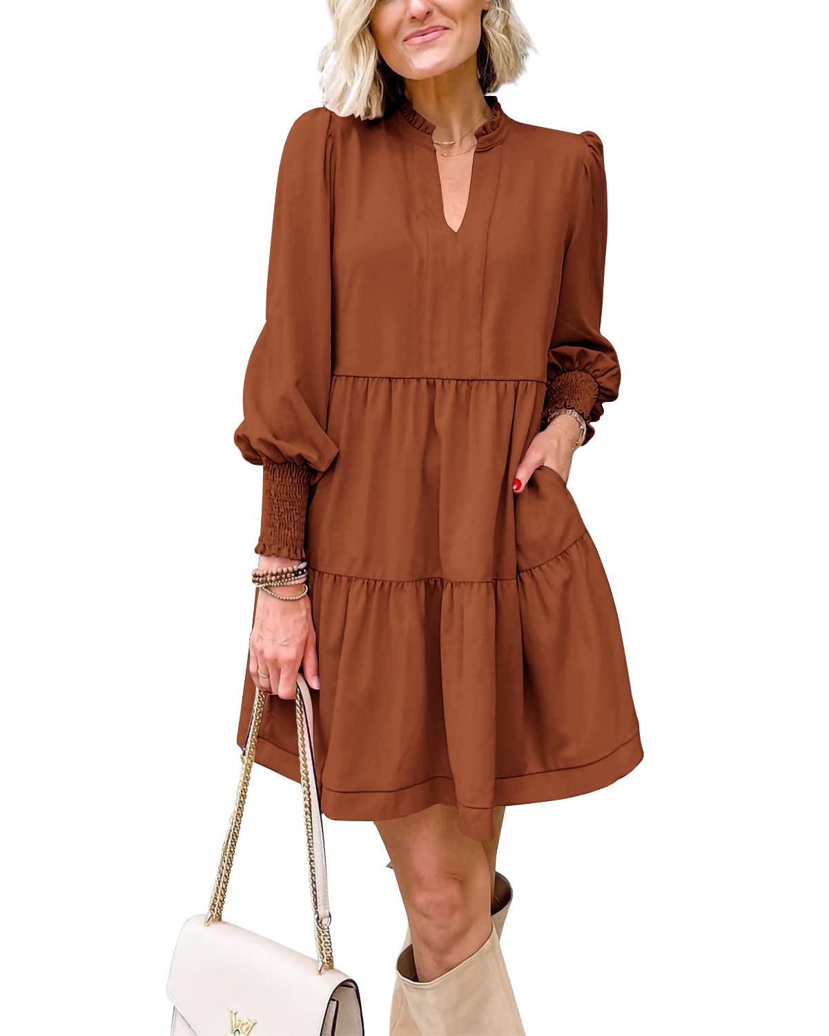 Women's  Casual V Neck Fall Long Sleeve Loose Ruffle Tiered Dress(BUY 2 FREE SHIPPING)