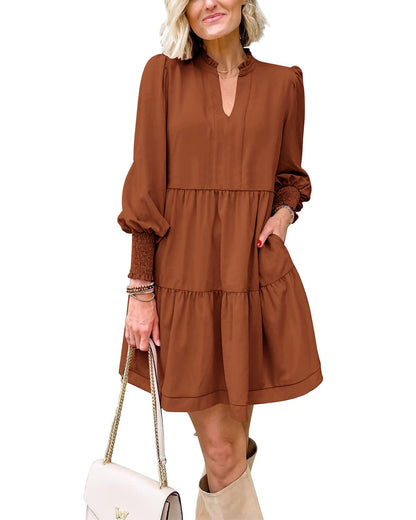 Women's  Casual V Neck Fall Long Sleeve Loose Ruffle Tiered Dress(BUY 2 FREE SHIPPING)