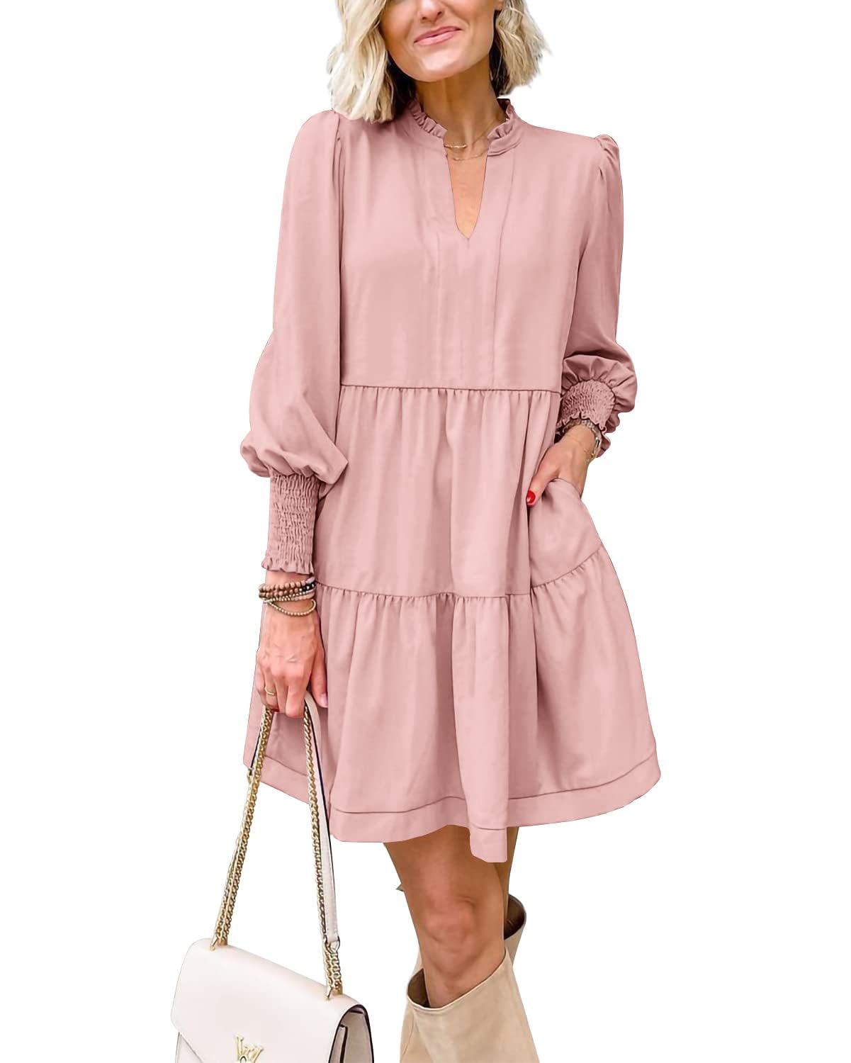 Women's  Casual V Neck Fall Long Sleeve Loose Ruffle Tiered Dress(BUY 2 FREE SHIPPING)