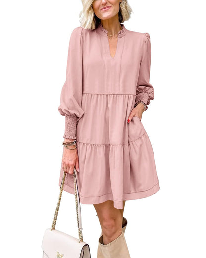 Women's  Casual V Neck Fall Long Sleeve Loose Ruffle Tiered Dress(BUY 2 FREE SHIPPING)