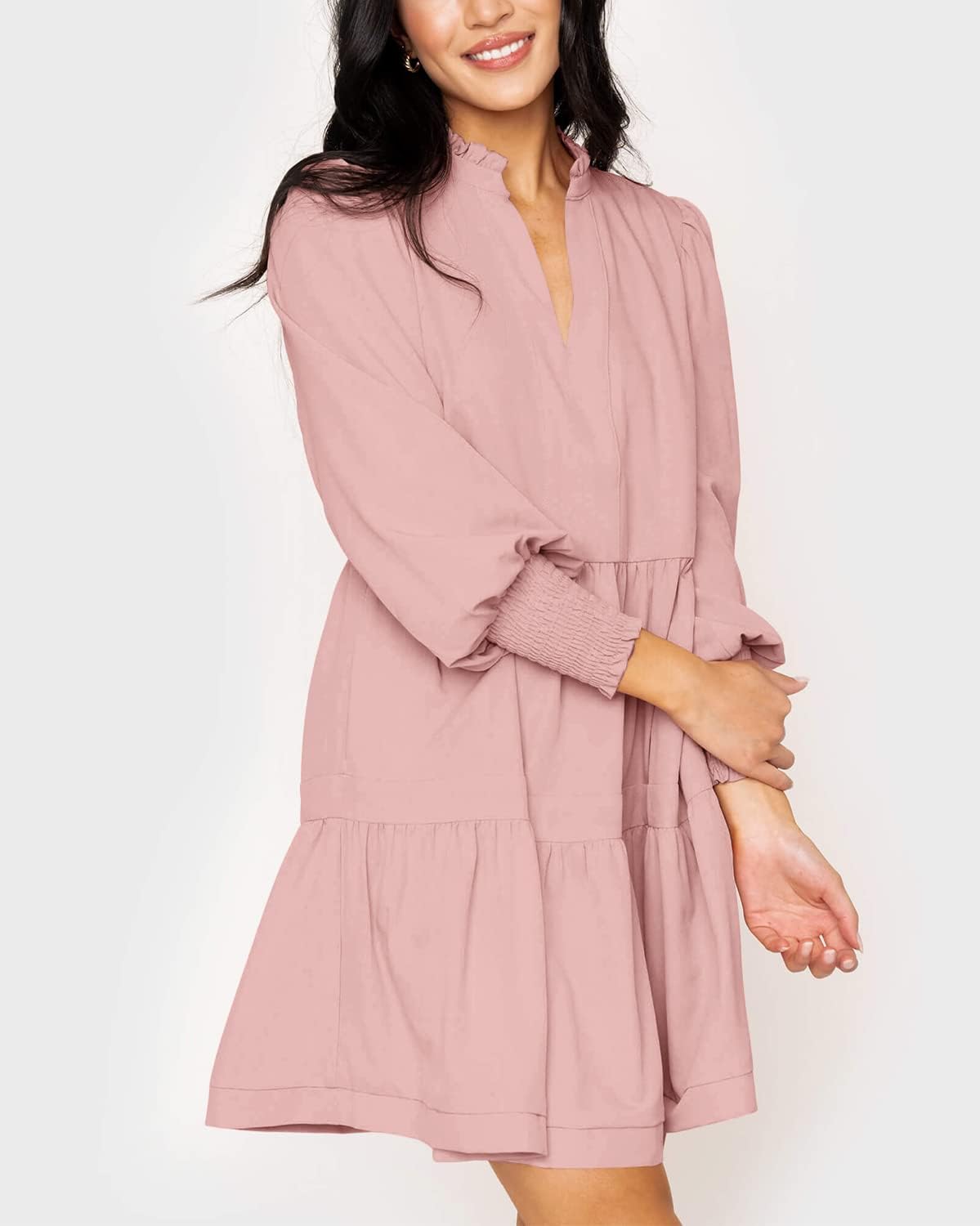 Women's  Casual V Neck Fall Long Sleeve Loose Ruffle Tiered Dress(BUY 2 FREE SHIPPING)