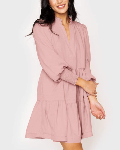 Women's  Casual V Neck Fall Long Sleeve Loose Ruffle Tiered Dress(BUY 2 FREE SHIPPING)