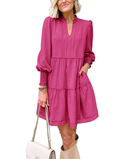 Women's  Casual V Neck Fall Long Sleeve Loose Ruffle Tiered Dress(BUY 2 FREE SHIPPING)