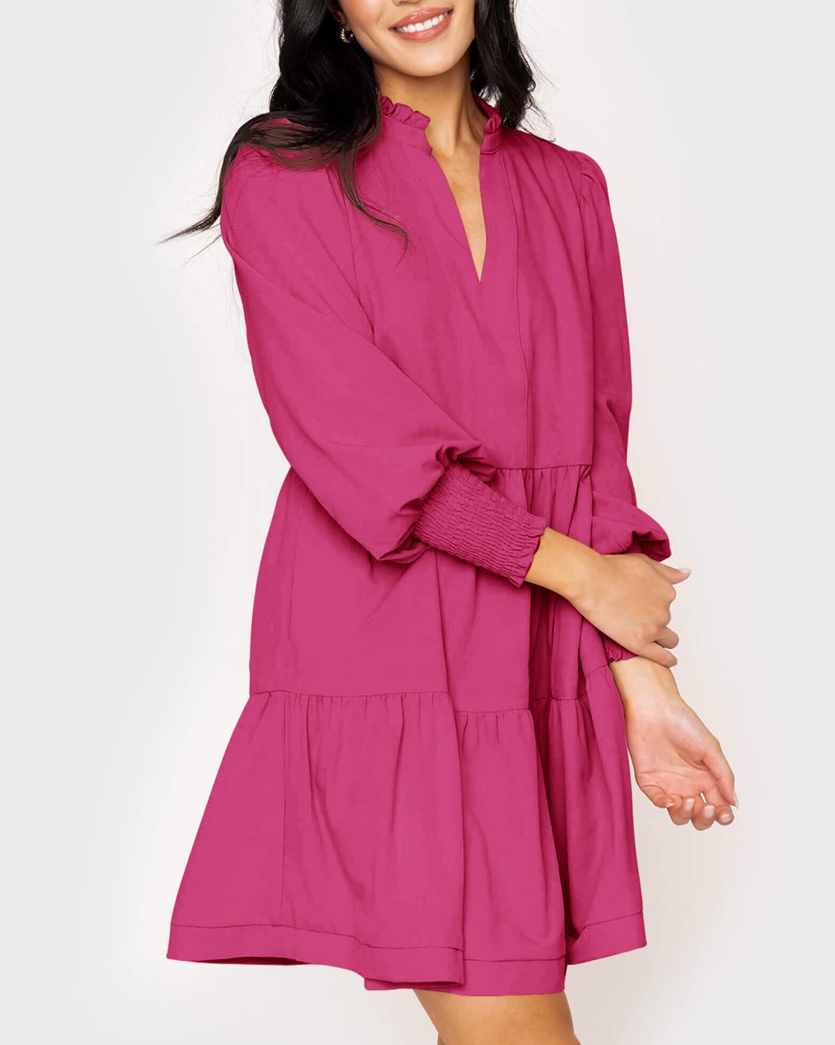 Women's  Casual V Neck Fall Long Sleeve Loose Ruffle Tiered Dress(BUY 2 FREE SHIPPING)