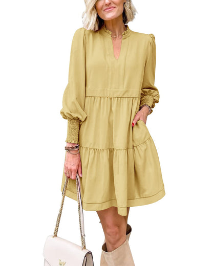 Women's  Casual V Neck Fall Long Sleeve Loose Ruffle Tiered Dress(BUY 2 FREE SHIPPING)