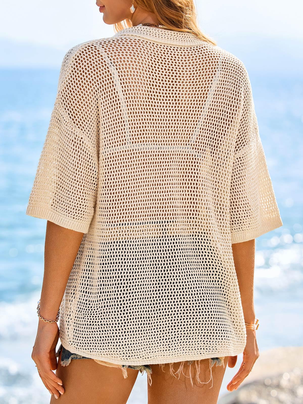 Womens Short Sleeve Crochet Lightweight Cardigan Sweaters Cover Up Shirts
