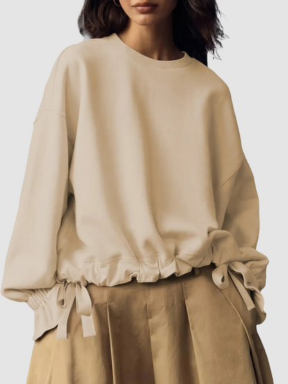 Women Oversized Crew Neck Drawstring Ruffle Hem Long Sleeve Blouse