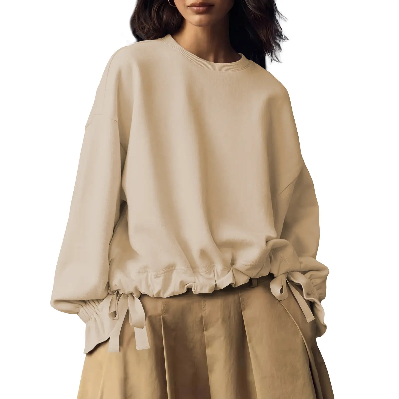 Women Oversized Crew Neck Drawstring Ruffle Hem Long Sleeve Blouse