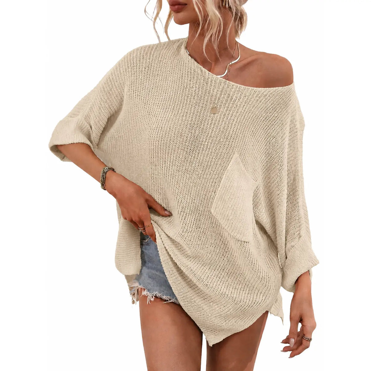 Women Boat Neck Batwing Sleeve Knit Top with Pocket & Side Slit Hem