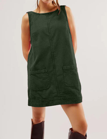 Hot Sale-Women's Round Neck Corduroy Overall Dress