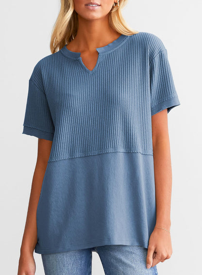 Hot Sale-Women's Casual V Neck Waffle Knit Tops Short Sleeve T Shirts