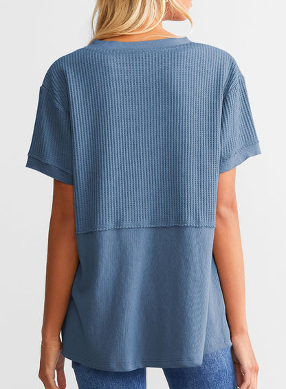 Hot Sale-Women's Casual V Neck Waffle Knit Tops Short Sleeve T Shirts