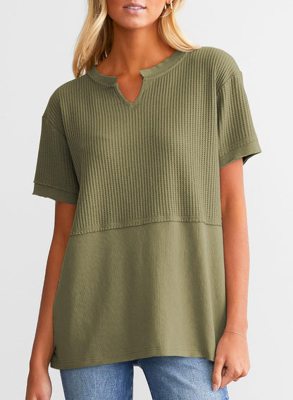 Hot Sale-Women's Casual V Neck Waffle Knit Tops Short Sleeve T Shirts